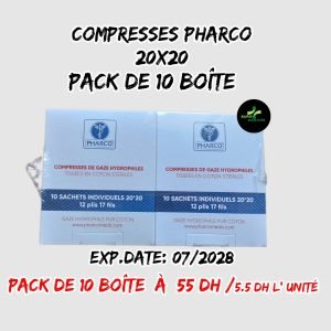💫COMPRESSES PHARCO STÉRILES. 20x20[pack de 10 boîte]. /5.5dh la boîte.
