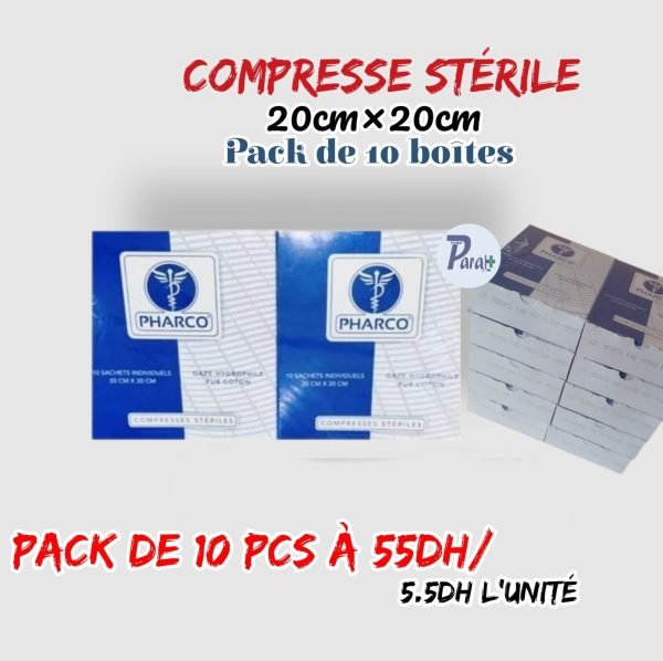 💫COMPRESSES PHARCO STÉRILES. 20x20[pack de 10 boîte]. /5.5dh la boîte. – Image 2