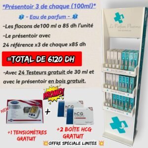 💫PRÉSENTOIR DE 24 RÉFÉRENCES: FLACON DE 100ml :  6120 dh+ Tensiomètres Dr Shuller gratuit+2 boîte hcg gratuit.
