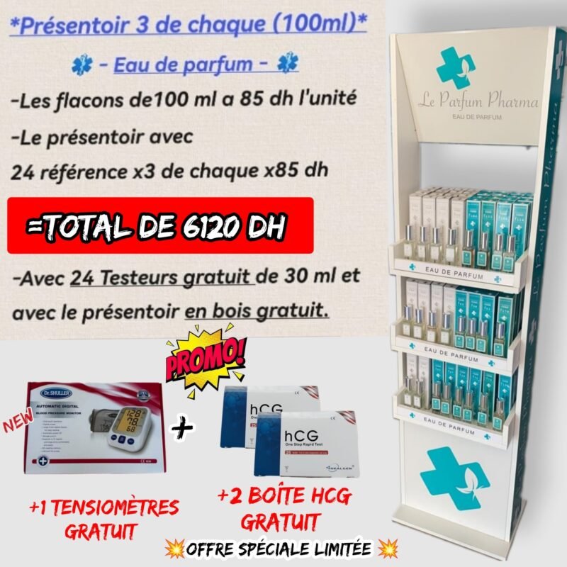 💫PRÉSENTOIR DE 24 RÉFÉRENCES: FLACON DE 100ml : 6120 dh+ Tensiomètres Dr Shuller gratuit+2 boîte hcg gratuit.