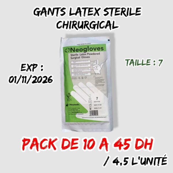 💫GANTS LATEX STÉRILE CHIRURGICALE. PACK DE 10 PAIR./Taille 7 /4.5 dh.