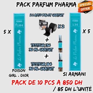 PACK PARFUM PHARMA 10 PCS  [5 pcs N°184 + 5 pcs N°136 + 2 LASTO PLAST GRATUIT + TESTEUR N°184 GRATUIT + TESTEUR N°136 GRATUIT ] ./stock limité