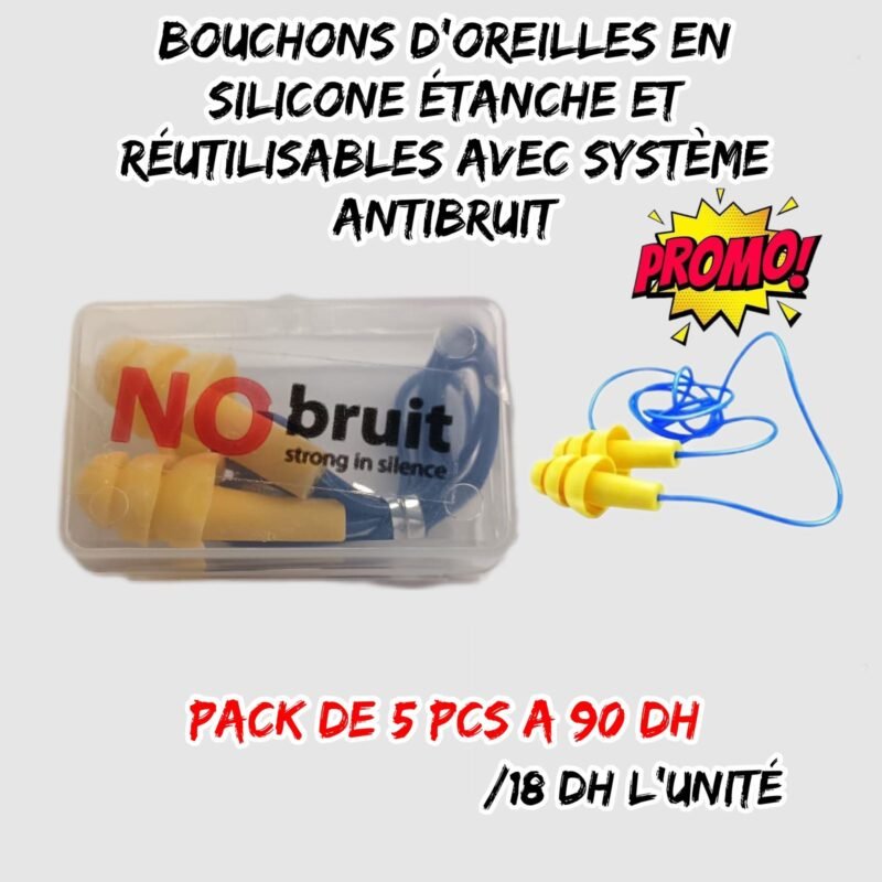BOUCHONS D’OREILLES EN SILICONE ETANCHE ET RÉUTILISABLES AVEC SYSTÈME ANTIBRUIT PACK DE 5 PCS A 90 DH