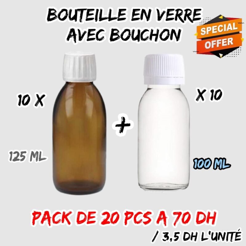 BOUTEILLE EN VERRE AVEC BOUCHONS { PACK DE 20 pcs A 70 dh }