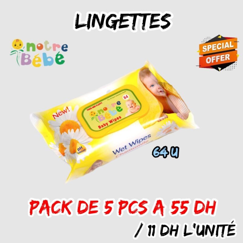 💫LINGETTES NOTRE BEBE. 64 unités.11 dh u.