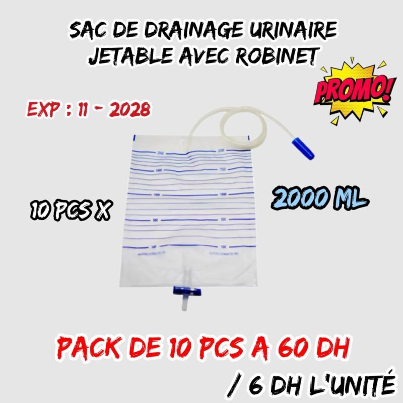 SAC DE DRAINAGE URINAIRE JETABLE AVEC ROBINET 2000ml