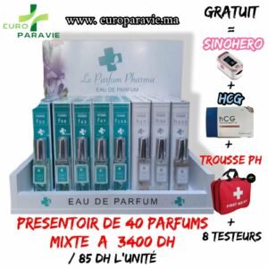 💫PRÉSENTOIR COMPTOIR. FLACON DE 100ml.
85 dh l'unité.
(8 Référence Mixte)/40 Parfums.
+1 Trousse à pharmacie Gratuit.
+ 1 Boîte 25u Test HCG gratuit.
+1 oxymètre sinohero gratuit.
✨Offre du mois décembre✨
   💥l' Offre valable juste sur Rabat, salé et les environs.💥

 
     💫  livraison gratuite 💫