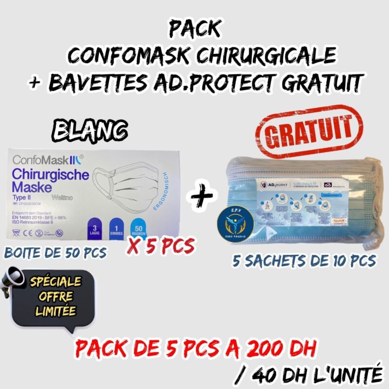 PACK 5 pcs CONFOMASK BLAN + BAVETTES AD.PROTECT GRATUIT