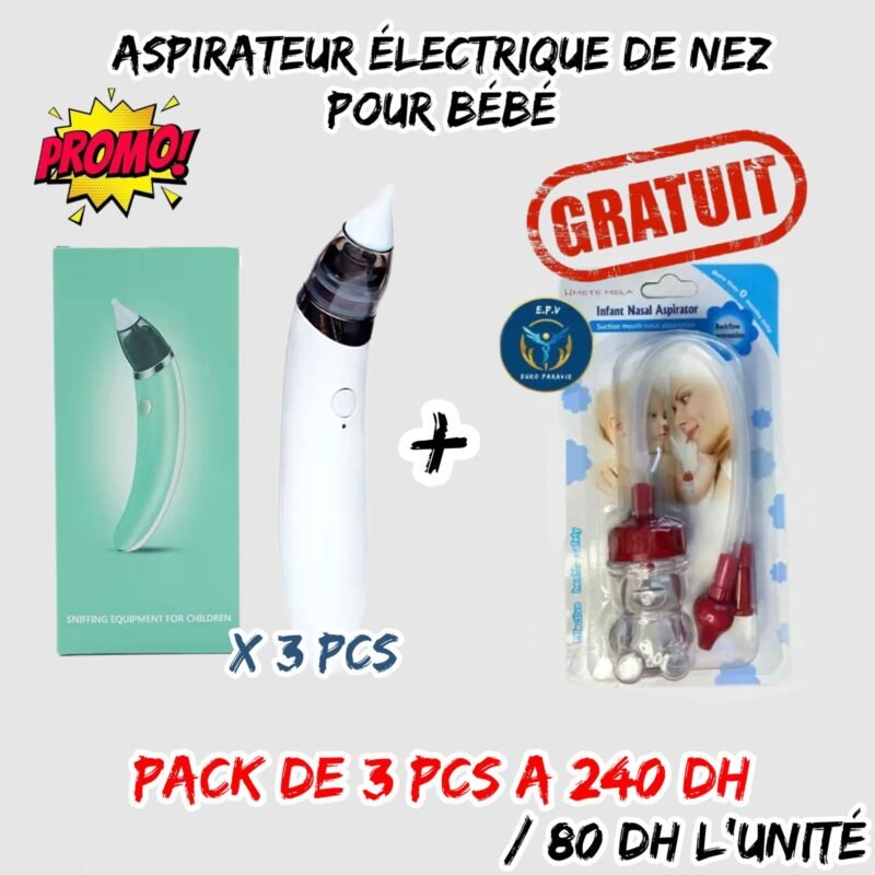 ASPIRATEUR ELECTRIQUE DE NEZ POUR BEBE 3pcs + MOUCHE GRATUIT