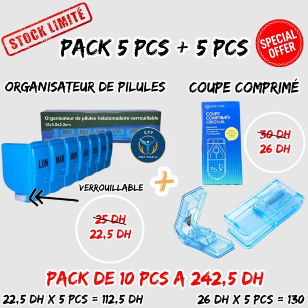 ORGANISATEUR DE PILULES VERROUILLABLE 5 PCS  + COUPE COMPRIME 5 PCS