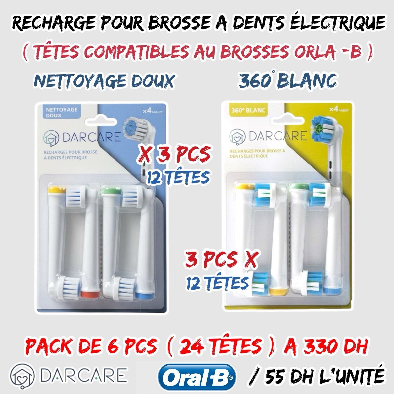 RECHARGE POUR BROSSE A DENTS ELECTRIQUE NETTOYAGE DOUX + 360 BLANC 24 { TETES }
