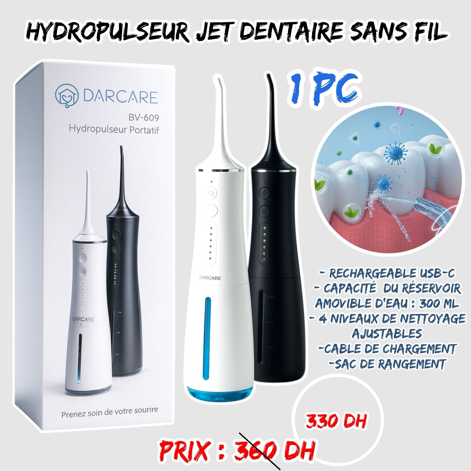 HYDROPULSEUR JET DENTAIRE SANS FIL 1PC
