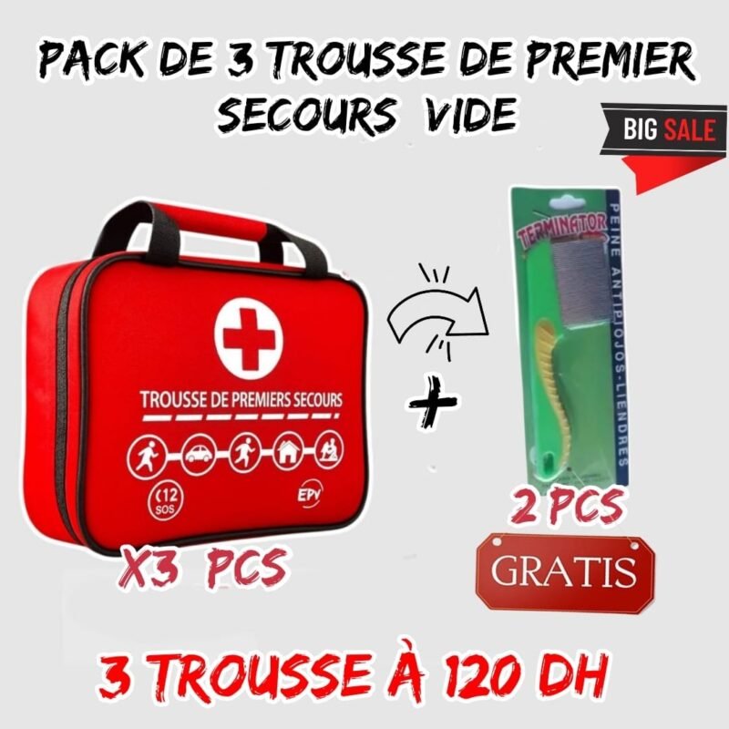 Pack de 3 trousse de secours vide. +2 pcs brosse anti poux gratuite.