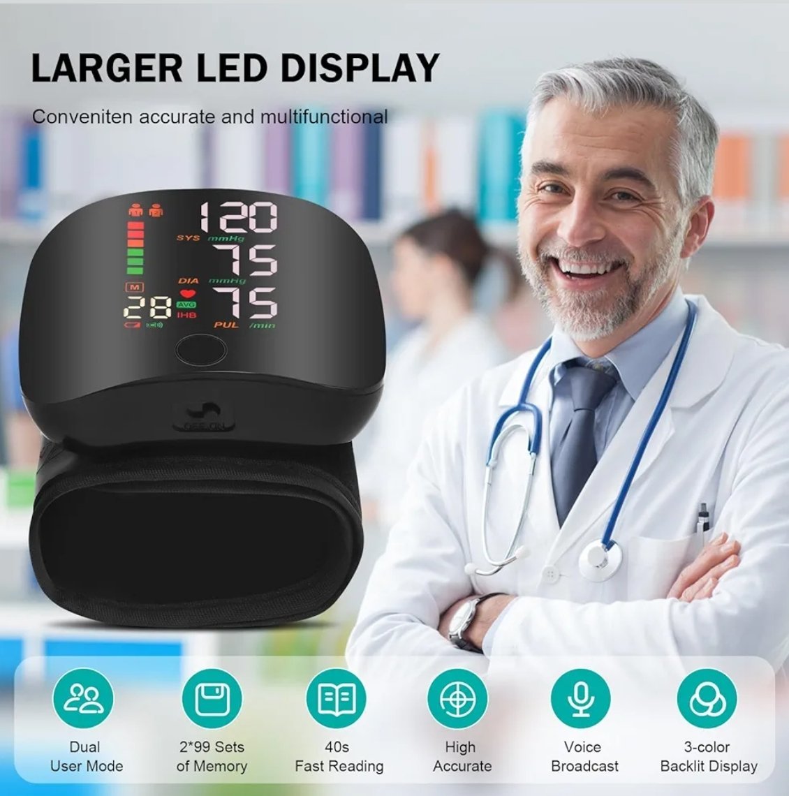 tensiomètre de poignet LED Smart Voice Machine de fréquence cardiaque.
-rechargeable- . – Image 4