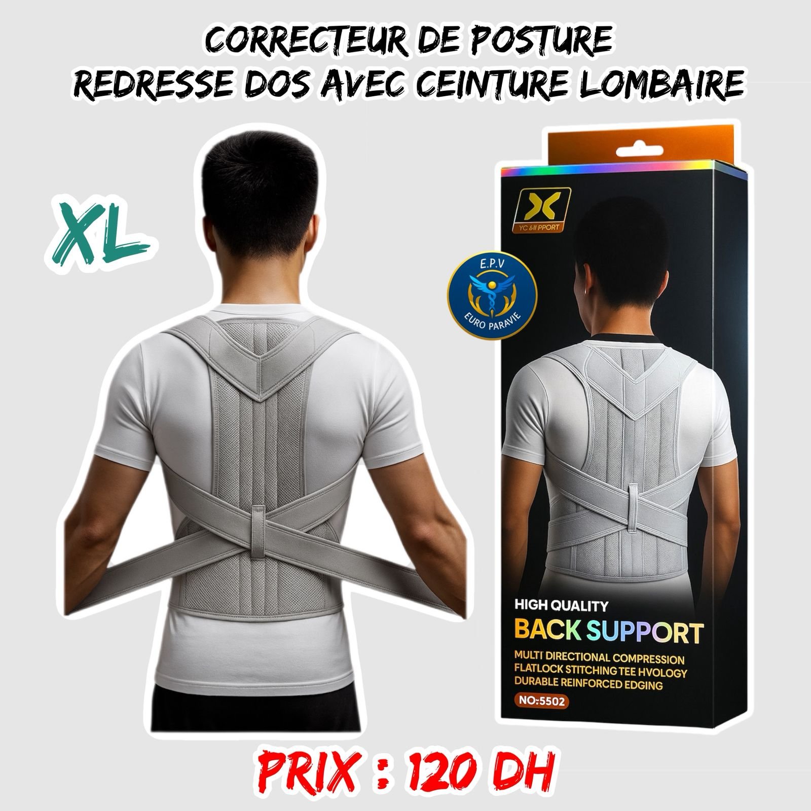 CORRECTEUR DE POSTURE REDRESSE DOS AVEC CEINTURE LOMBAIRE 5502 { L-XL-2XL }