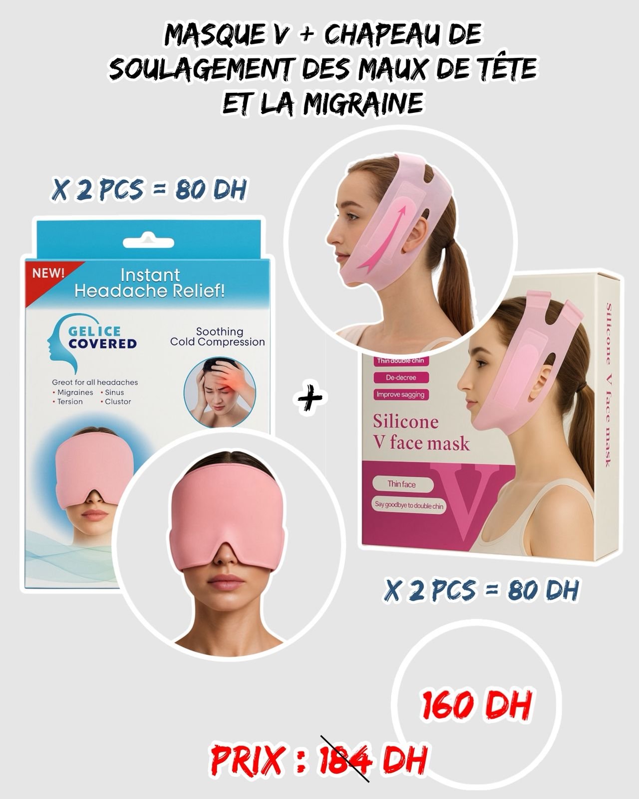 MASQUE -V- { 2PCS } + CHAPEAU DE SOULAGEMENT DES MAUX DE TÊTE { 2PCS }
