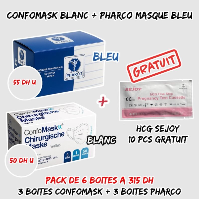 CONFOMASK BLANC {MASQUE} + MASQUE PHARCO BLEU + HCG TEST GROSSESSE 10 PCS  GRATUIT