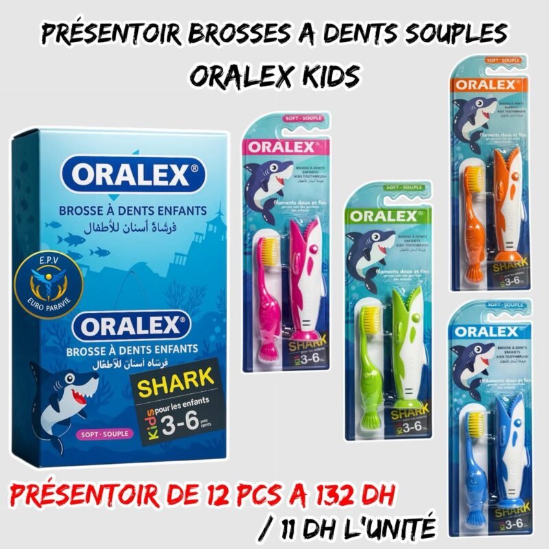 PRESENTOIR BROSSE A DENTS ENFANTS SOUPLE { ORALEX KIDS SHARK } 3-6 ANS