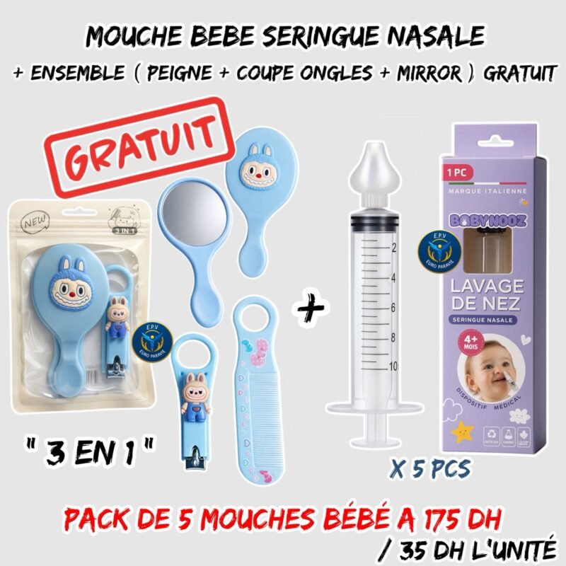 MOUCHE BEBE SERINGUE NASALE  + ENSEMBLE { PEIGNE + COUPE ONGLES + MIROIR } GRATUIT
