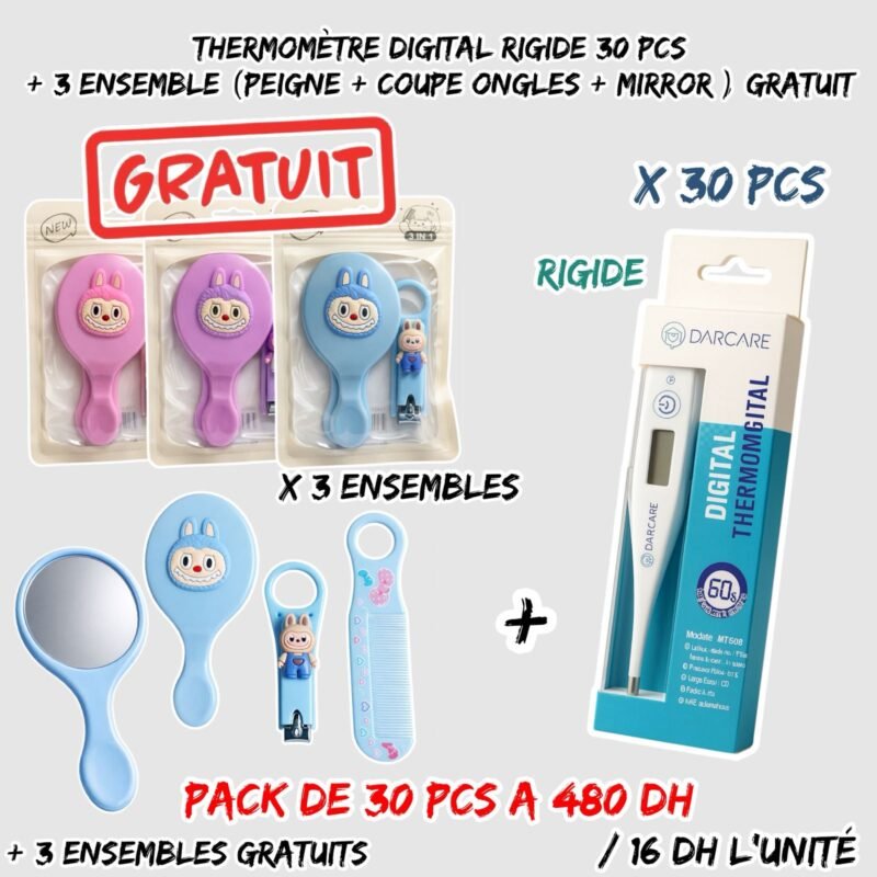 THERMOMETRE DIGITAL RIGIDE 30PCS  + 3 ENSEMBLES { PEIGNE + COUPE ONGLES + MIROIR } GRATUIT