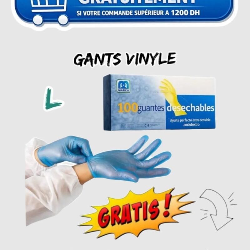Gant vinyle= gratuit.
(1 produit offert par commande) *offre valable dès 1200DH d'achat*.