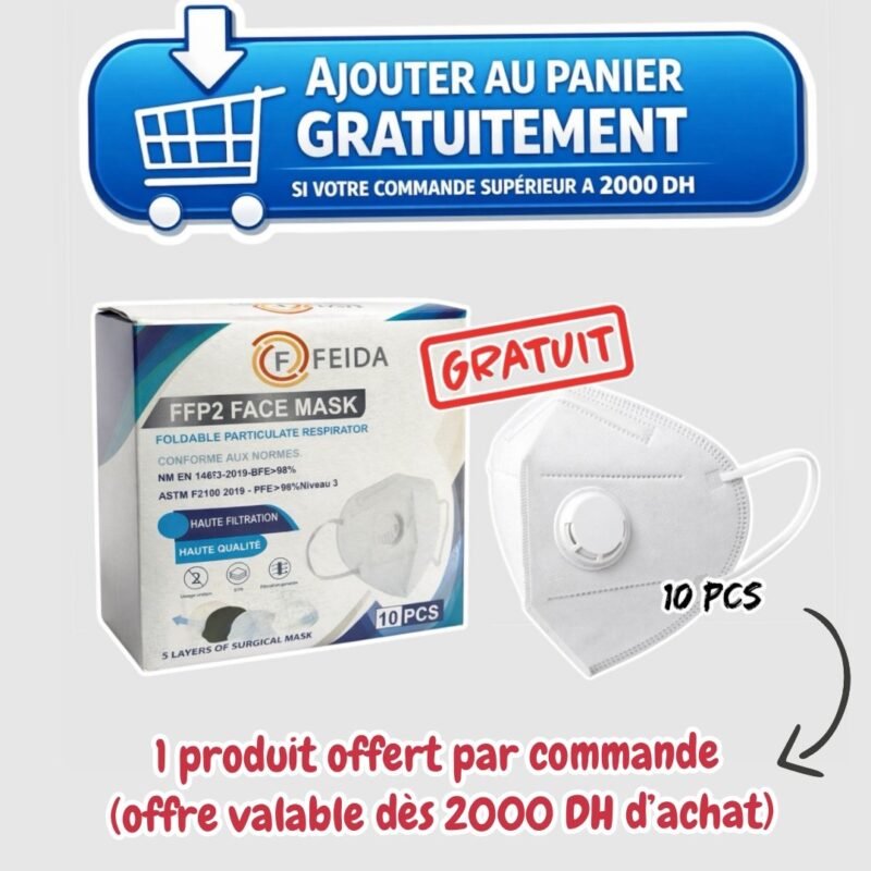 Masque Ffp2 Boîte de 10pcs =gratuite.
(1 produit offert par commande) *offre valable dès 2000DH d'achat*.