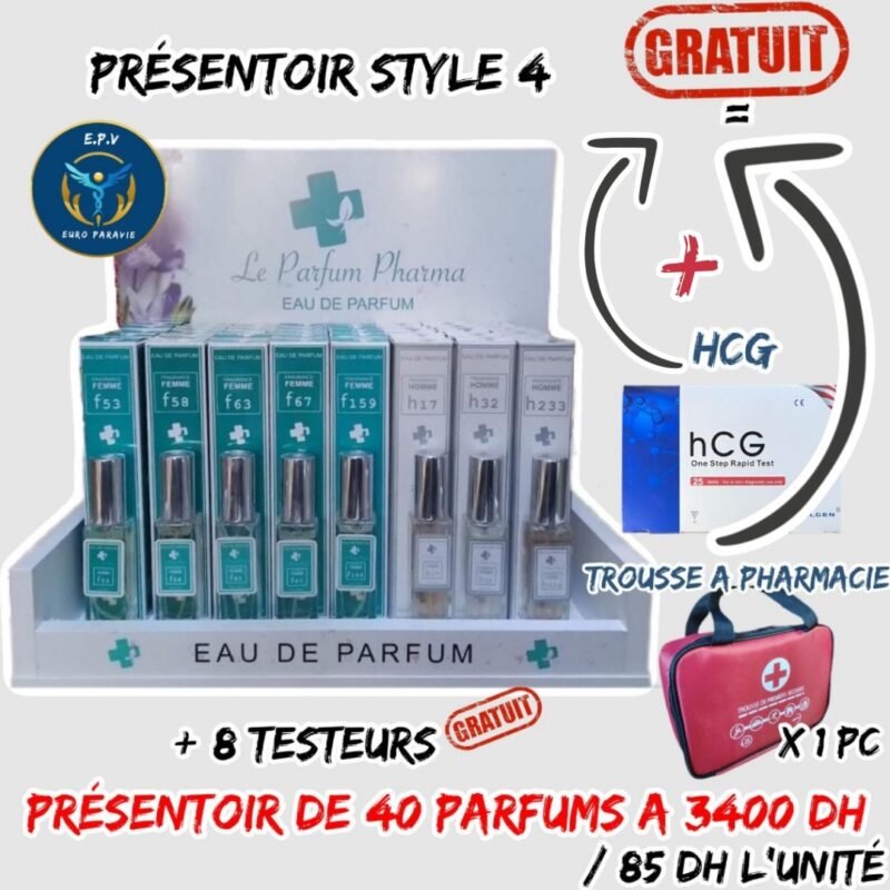 Présentoir comptoir femme.Trousse à pharmacie gratuite +HCG boîte TEST de grossesse gratuit. /8 références, 5 de chaque référence. 85 dh l'unités.