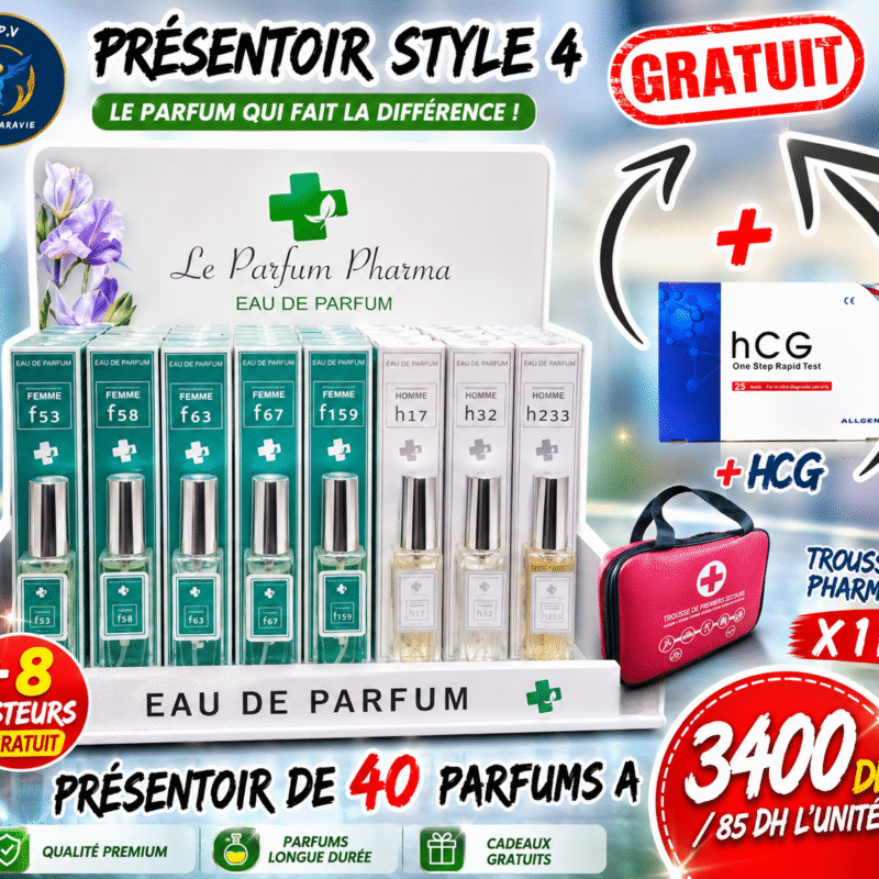 Présentoir comptoir femme.Trousse à pharmacie gratuite +HCG boîte TEST de grossesse gratuit. /8 références, 5 de chaque référence. 85 dh l'unités.