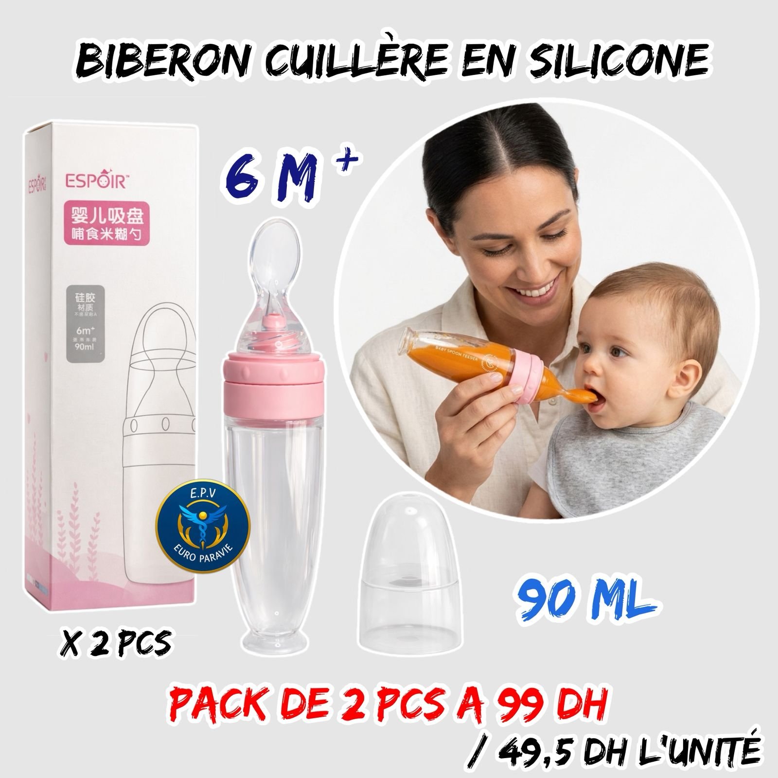 BIBERON CUILLERE EN SILICONE ROSE 90ML { 2PCS }
