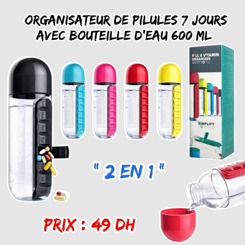 ORGANISATEUR DE PILULES 7 JOURS AVEC BOUTEILLE D'EAU 600 ML