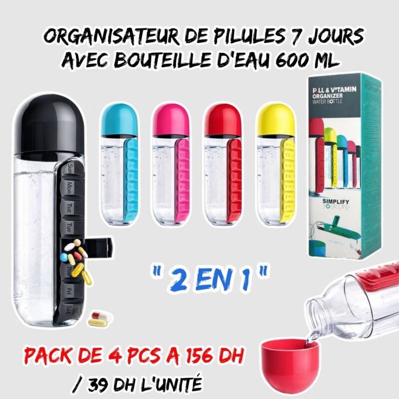 ORGANISATEUR DE PILULES 7 JOURS AVEC BOUTEILLE D'EAU 600 ML { 4 PCS }