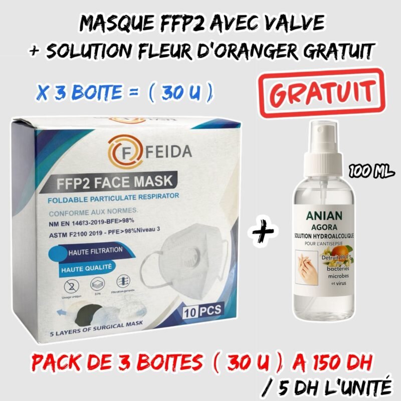 MASQUE FFP2 AVEC VALVE { BLANC } 30U + SOLUTION 100 ML GRATUIT