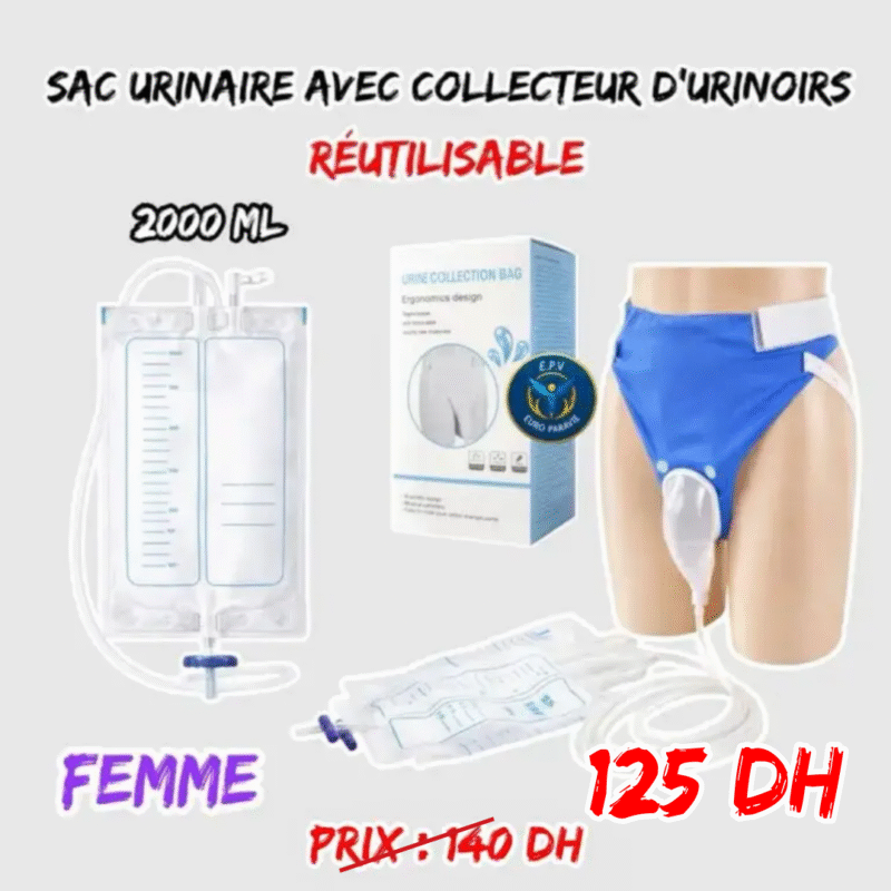 SAC URINAIRE AVEC COLLECTEUR D’URINOIRS { REUTILISABLE } FEMME
