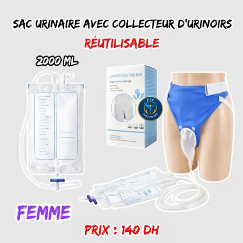 SAC URINAIRE AVEC COLLECTEUR D’URINOIRS { REUTILISABLE } FEMME