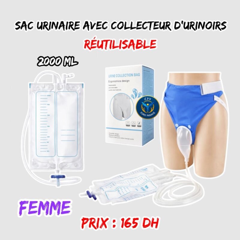 SAC URINAIRE AVEC COLLECTEUR D’URINOIRS { REUTILISABLE } FEMME