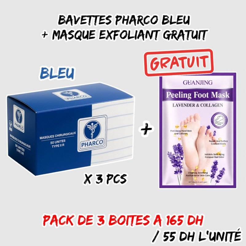 MASQUE PHARCO CHIRURGICAL BLEU 3U { BAVETTES } + MASQUE EXFOLIANT GRATUIT
