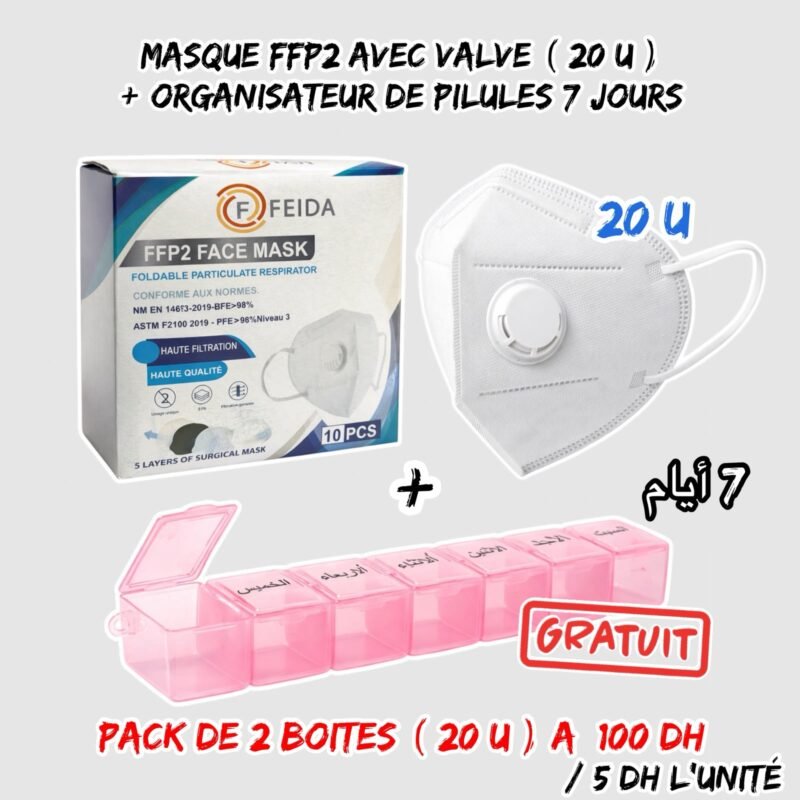 MASQUE FFP2 AVEC VALVE { BLANC } 20U { BAVETTES } + ORGANISATEUR DE PILULES 7 JOURS GRATUIT