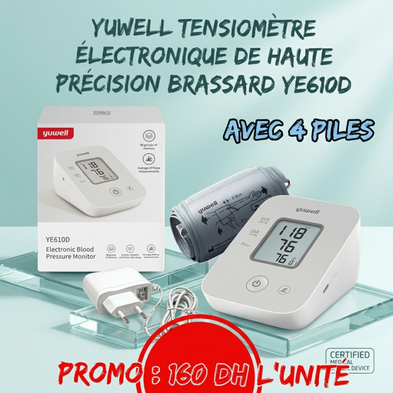 Tensiomètre yuwell de haute précision avec 4 piles, brassard et chargeur.
