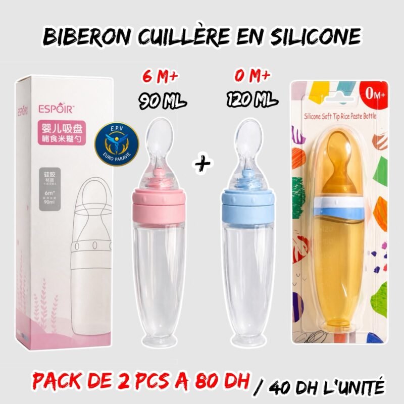 BIBERON CUILLERE EN SILICONE ROSE 6M - BLEU 0M