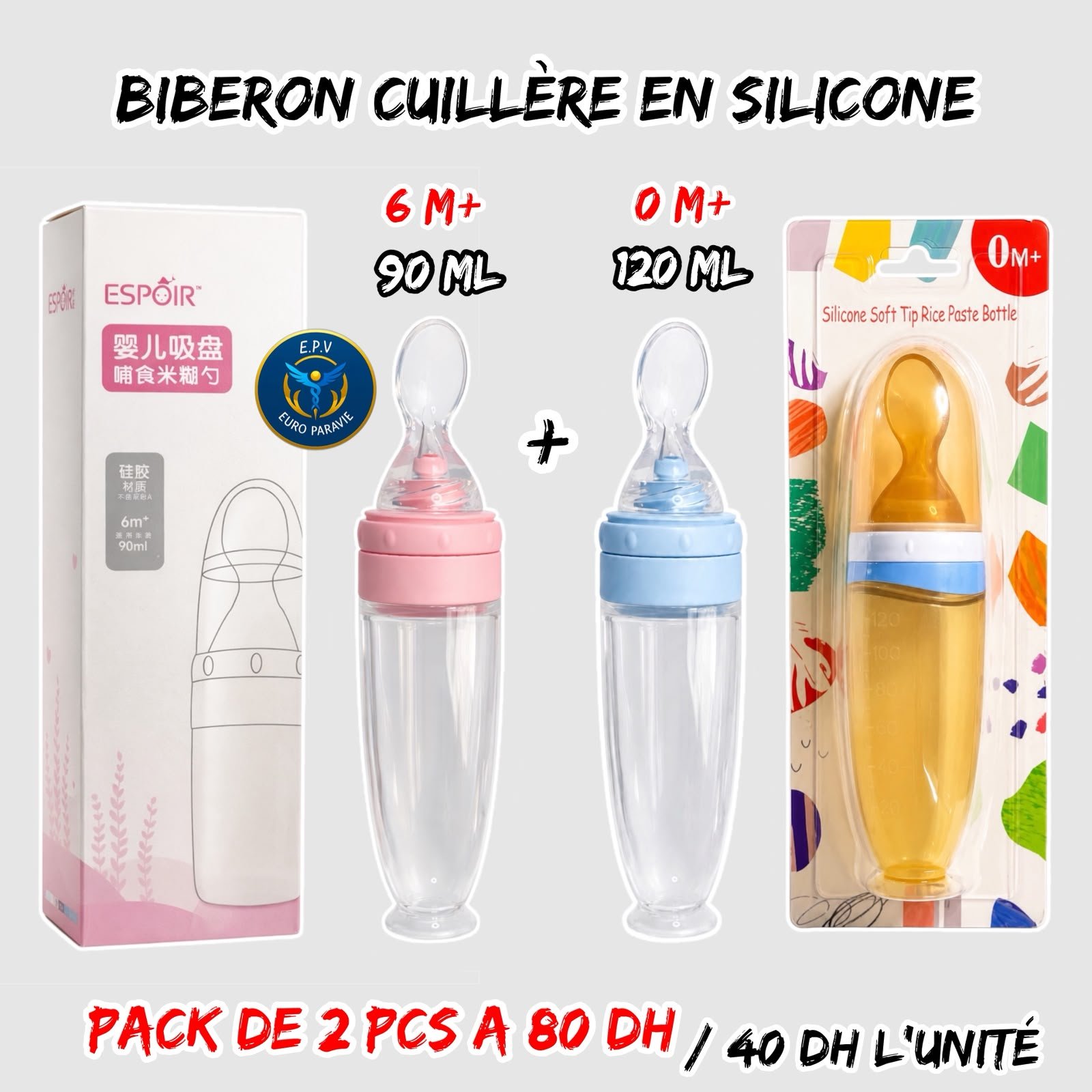 BIBERON CUILLERE EN SILICONE ROSE 6M - BLEU 0M